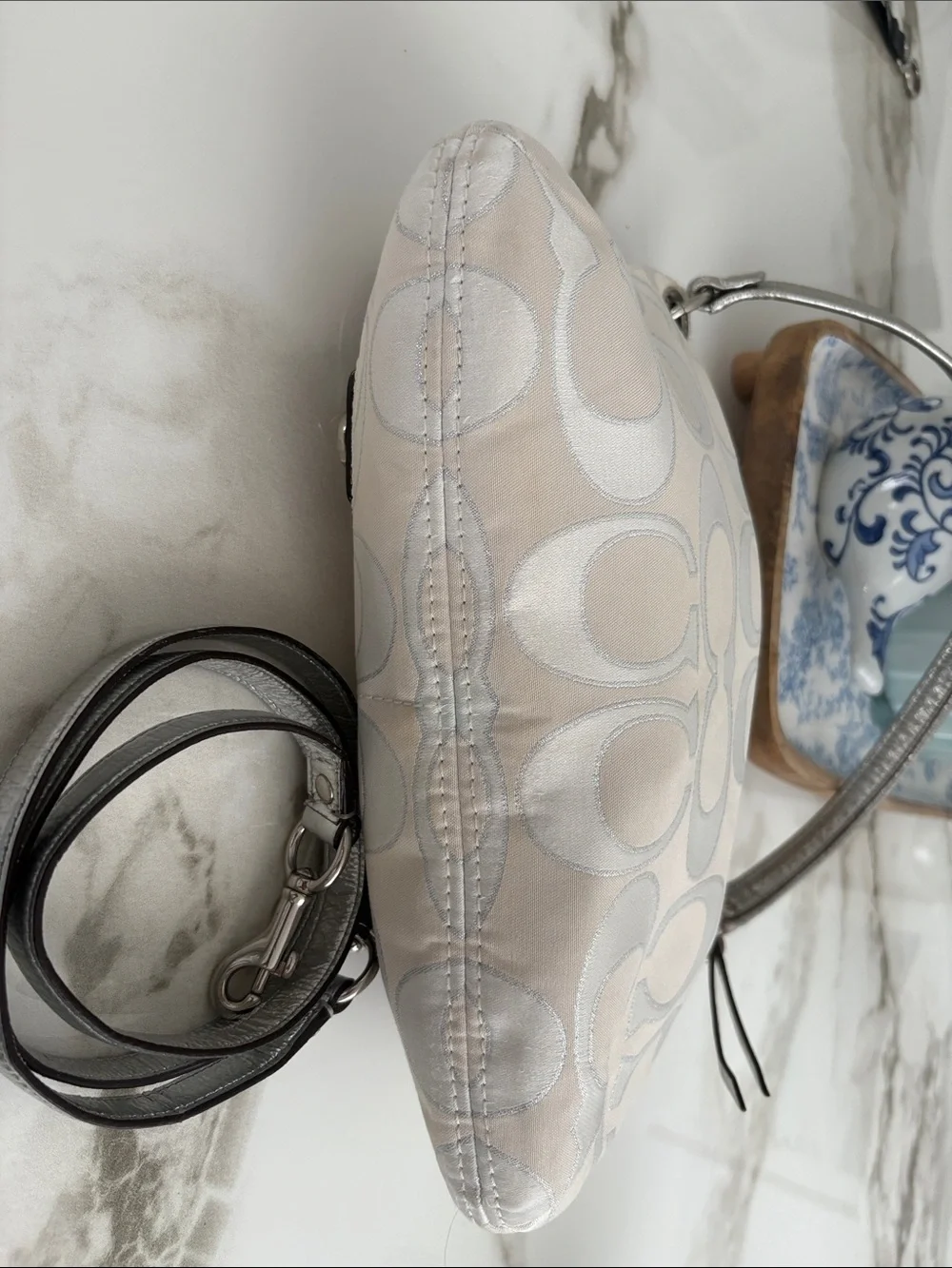Coach Ivory Signature Shoulder Bag with Silver Trim